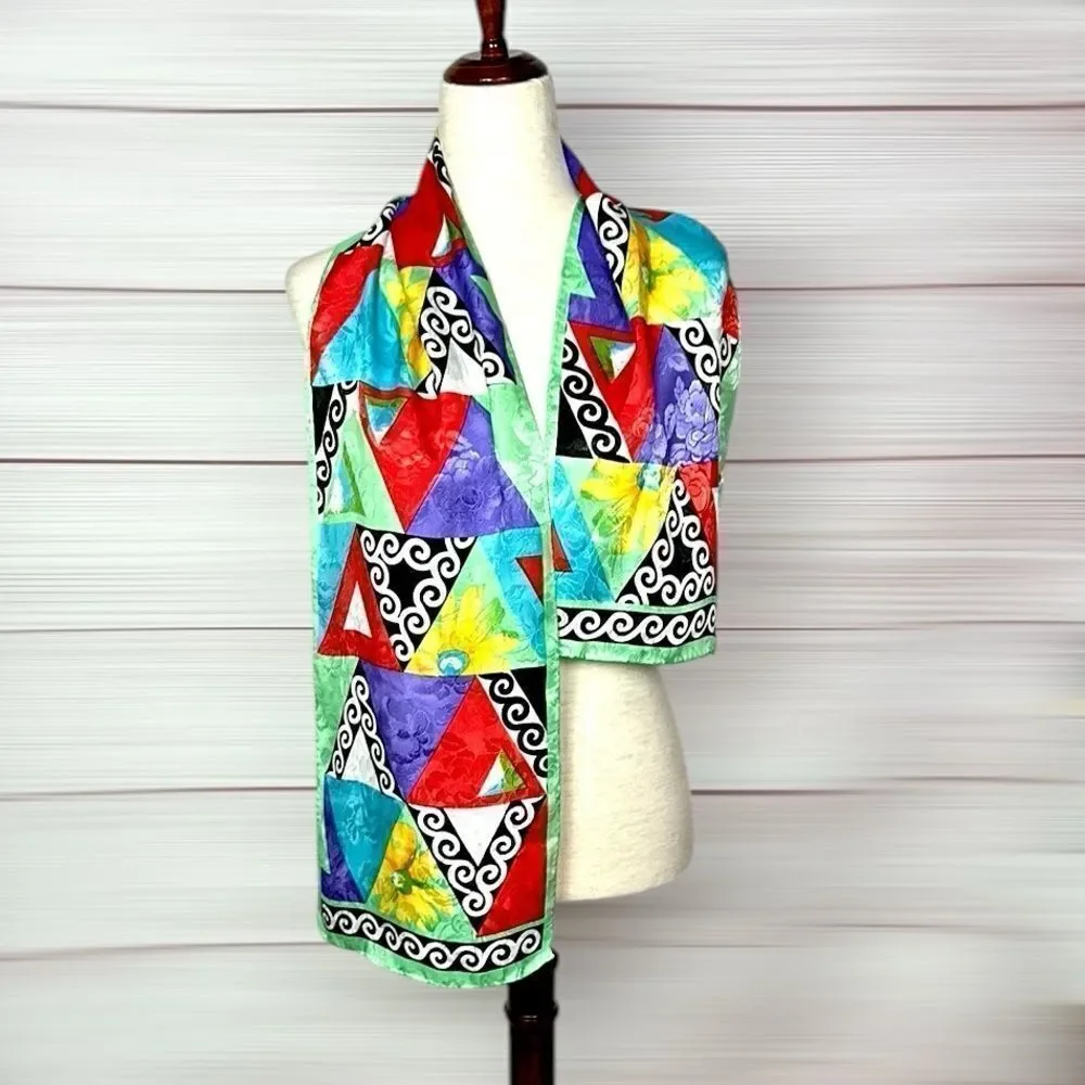 HONEY Silk Rectangle Scarf Colorful Geometric Pattern
